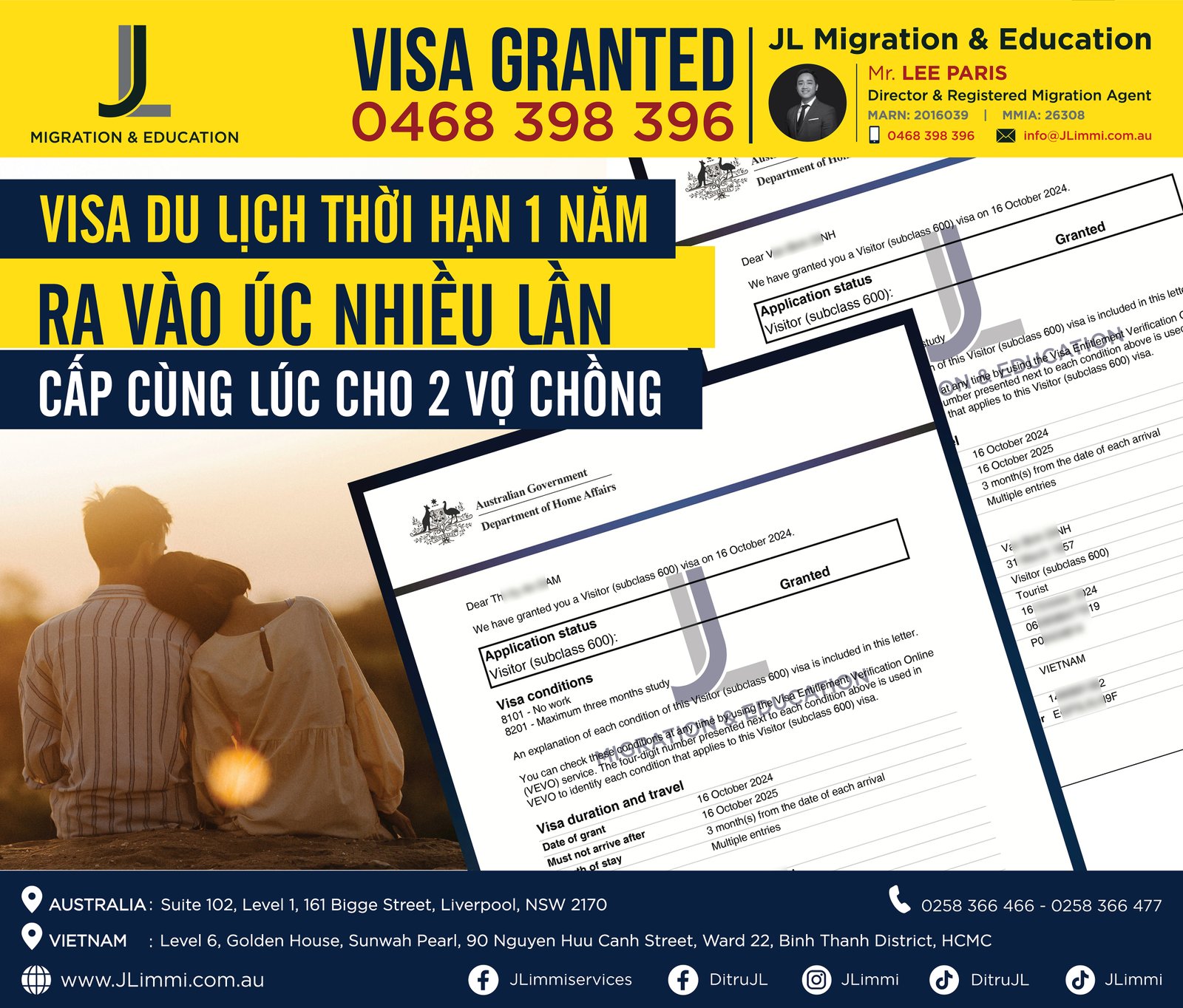 Visa du lịch thời hạn 1 năm ra vào Úc nhiều lần cấp cùng lúc cho 2 vợ chồng Visa du lịch thời hạn 1 năm ra vào Úc nhiều lần cấp cùng lúc cho 2 vợ chồng